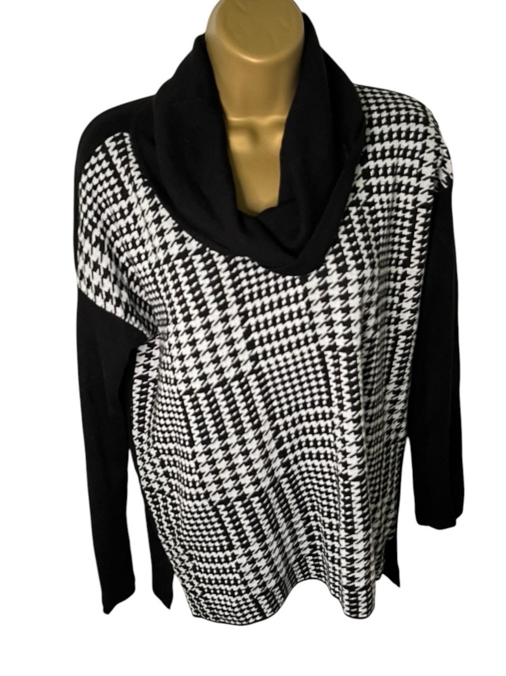 Calvin Klein Cowl Neck Sweater Houndstooth Plaid Split Hem Black White S